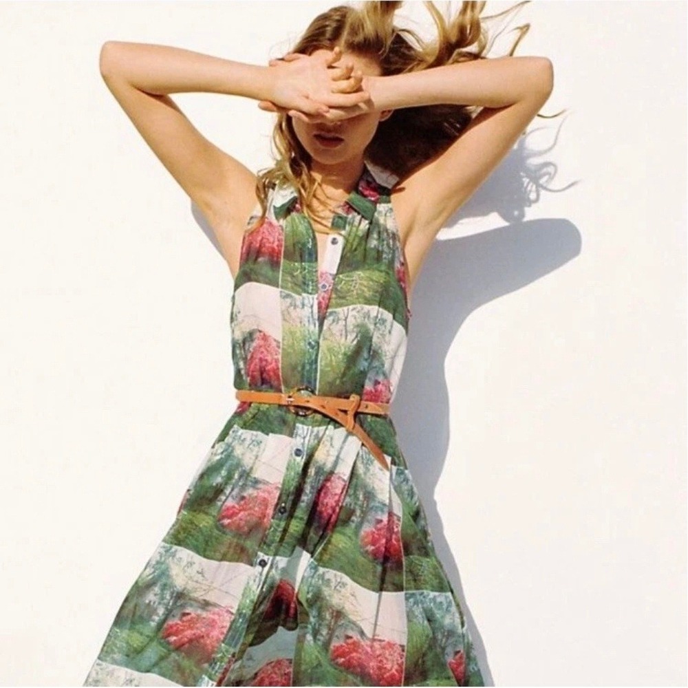 Sarah Ball Photography Garden Print Sleeveless Button Front Pocket Dress US 12